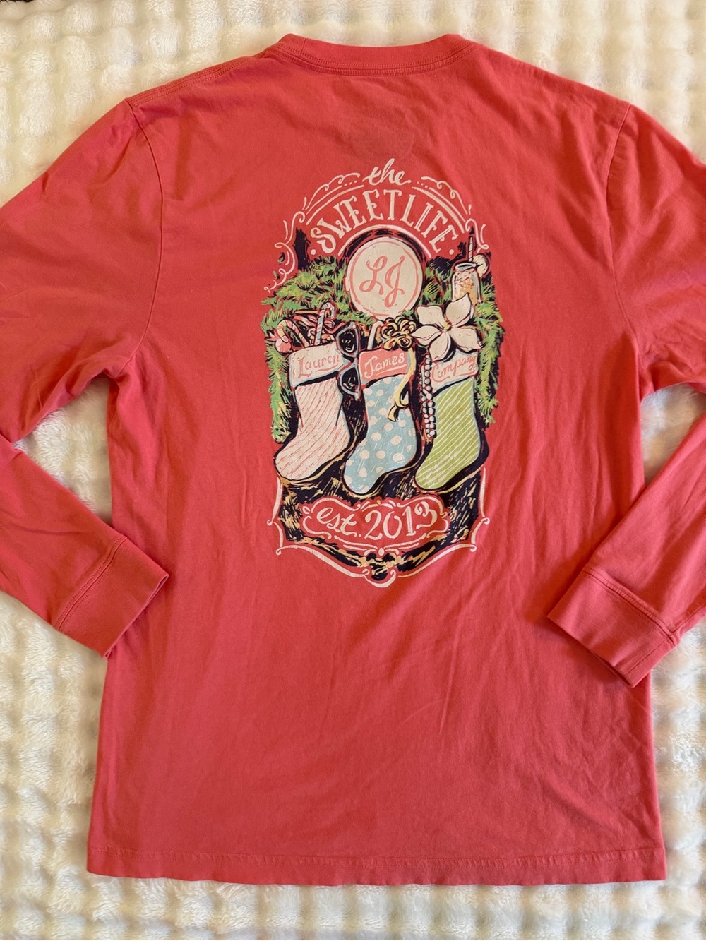NEW~NWOT Lauren James PEACH Long Sleeve Tee with Holiday Stocking Graphic~Small